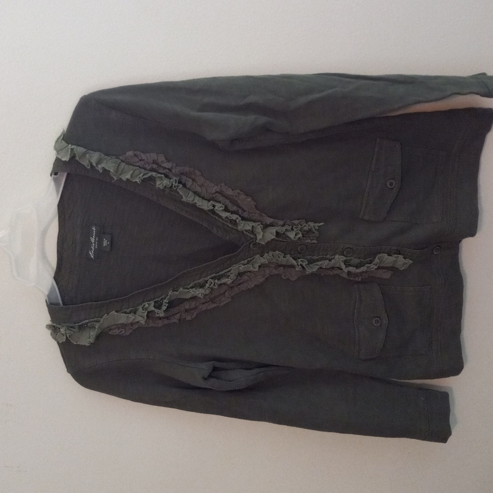 Eddie Bauer Green Cardigan with Ruffle Trim
